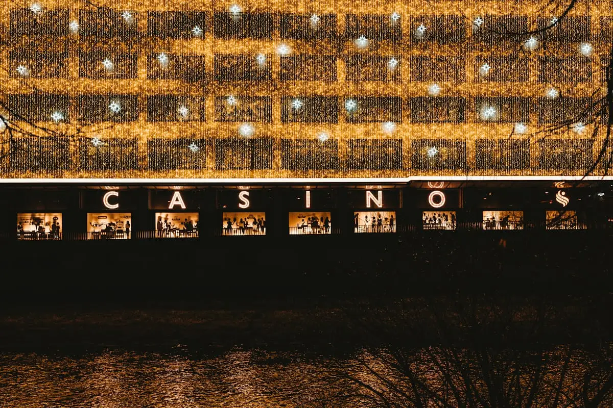 Casino exterior illuminated at night