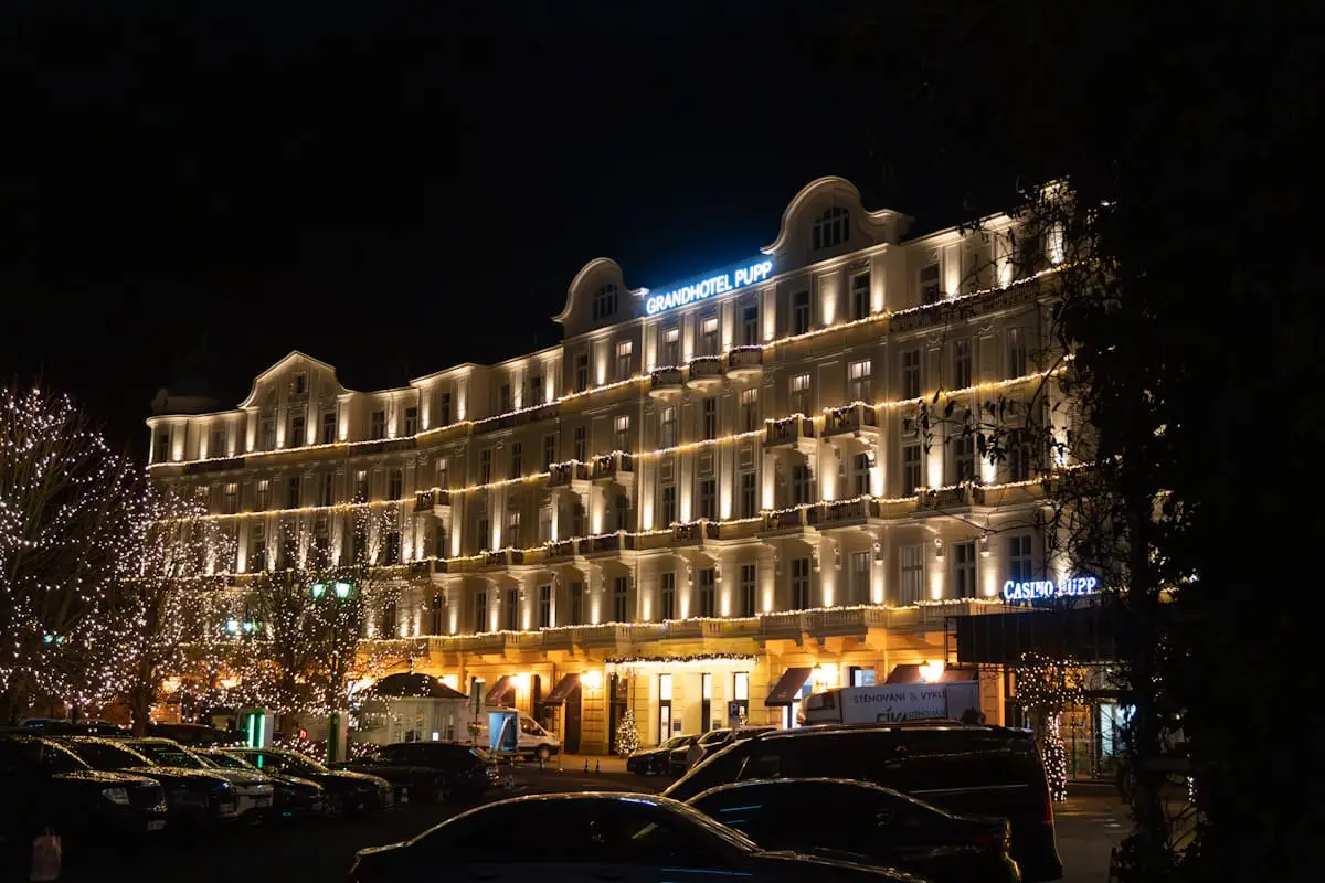 Luxury casino hotel exterior at night